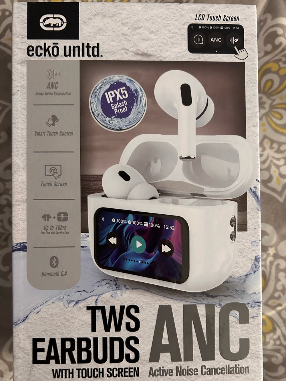 Ecko Unltd. White TWS ANC Earbuds with Touchscreen Charging Case